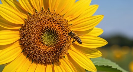 A close-up shot of a busy bee collecting pollen from the vibrant yellow petals of a large sunflower under a bright sky.