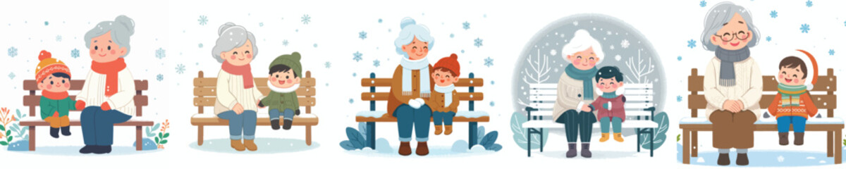 Fototapeta premium Grandmother and granddaughter sitting outside enjoying the snow