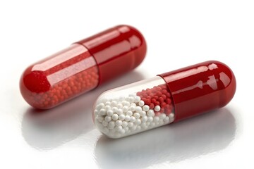 Macro shot of two red and white antibiotic capsules side by side