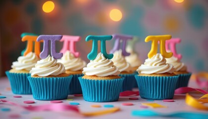 Festive cupcakes display Pi symbols. Colorful decor with ribbons and confetti on table for fun party. Sweet treats celebrate math day or nerdy special occasion indoors.