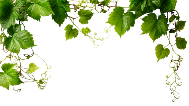 Fresh green grape vine leaves and curling tendrils forming a natural border along the top and right side. - Powered by Adobe
