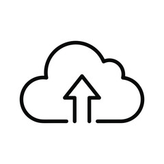 Simple black and white line icon representing cloud upload with an upward arrow, isolated on