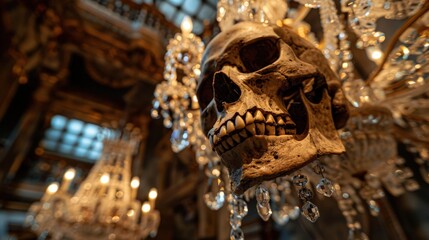 A striking skull hangs from an ornate chandelier surrounded by glimmering crystals, creating an artistic juxtaposition of dark themes with luxury, igniting a sense of fascination and allure.