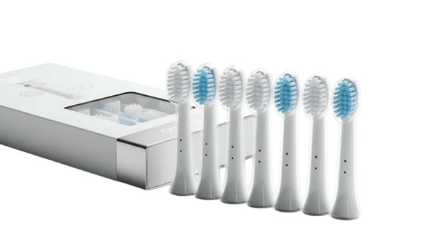 Box of toothbrush heads with replacements, white, blue bristles, modern design, black background