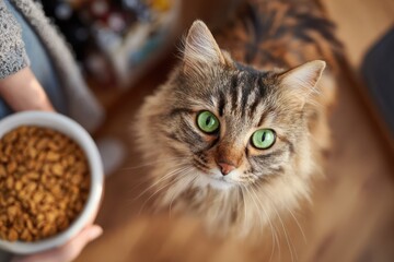 Green-eyed cat watching owner prepare dry food