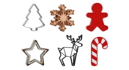 Festive christmas cookie cutters and decorations, including a tree, snowflake, gingerbread man, star, reindeer, and candy cane, isolated on transparent background