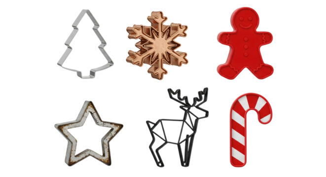 Festive christmas cookie cutters and decorations, including a tree, snowflake, gingerbread man, star, reindeer, and candy cane, isolated on transparent background - Powered by Adobe