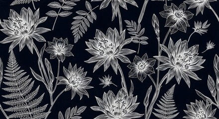 Elegant floral pattern black background white flowers botanical design seamless surface pattern textile print