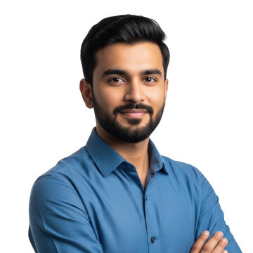A smiling young indian man with a beard wearing a blue collared shirt with arms crossed isolated on transparent background
