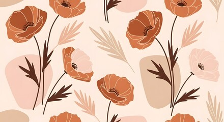 Seamless floral pattern with poppy flowers in neutral earth tone colors for textile design