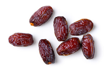 Top view of dates fruit on white.