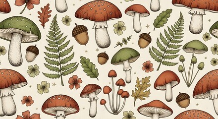 Vintage mushroom pattern with fern leaves and acorns seamless botanical forest background design art print
