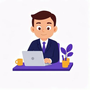 Animated 2D cartoon businessman smiling while working on a laptop at his desk. Ideal for explainer videos, business animations, and advertising content.