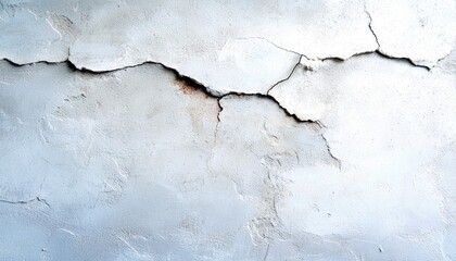 Obraz premium A close-up view of a white, textured wall with prominent, dark cracks running across its surface. The lighting is soft and diffused, highlighting the rough impe