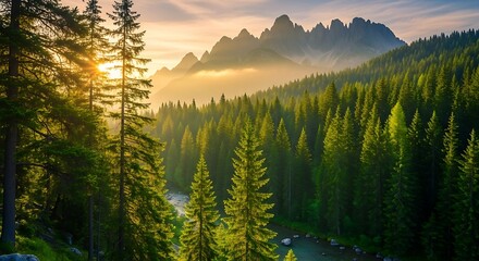 A picturesque scene of lush green forest with a river, mountains in the distance and a beautiful sunrise with golden light