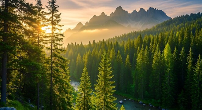 A picturesque scene of lush green forest with a river, mountains in the distance and a beautiful sunrise with golden light