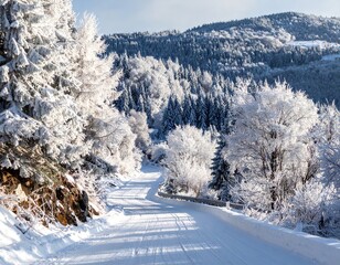 Snowy Road Winding Through a Winter Forest Landscape