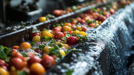 A closeup shows the anaerobic digestion process, with water flowing over colorful fruits and vegetables. It highlights the intersection of technology and environmental sustainability in action.