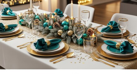 Elegant Christmas Dinner Table Setting with Gold Accents