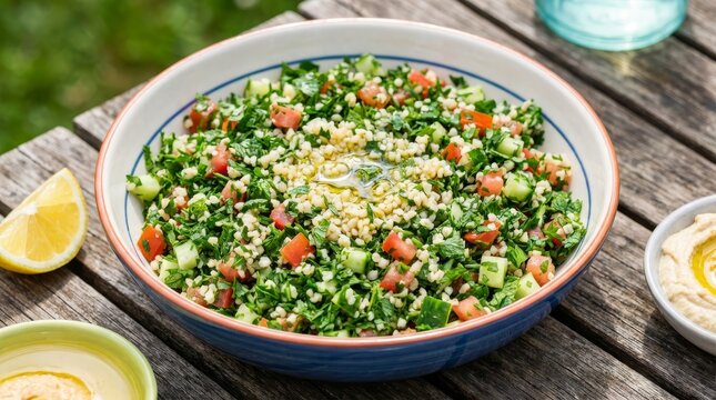 November Fresh Salad and Hummus - Fresh tabouli salad and hummus, symbolizing healthy eating, garden freshness, vibrant living, balanced diet, and culinary delight