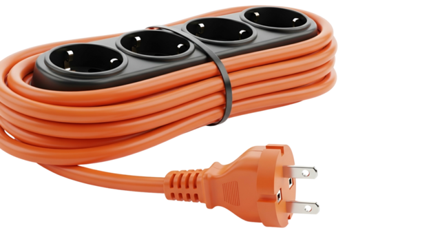 Orange extension cord, with four sockets, tightly coiled, and angled plug on black background