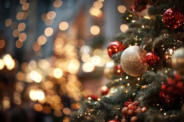 Christmas Tree with Baubles and Blurred Shiny Lights