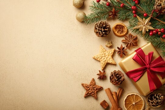 Christmas Composition Golden Gift Red Ribbon Top View