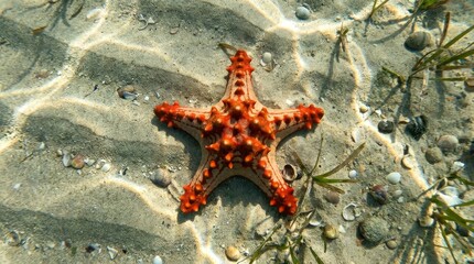 Orange Starfish on Sandy Seafloor - An orange starfish rests on a sandy seafloor. Symbolizing: resilience, adaptability, beauty, uniqueness, and the mysteries of marine life