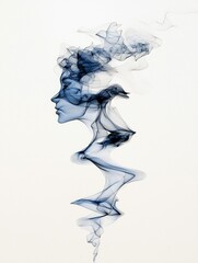 Fototapeta premium A profile silhouette of a woman's head and neck formed from wisps and tendrils of blue smoke. The smoke flows upwards and outwards, creating a sense of ethereal