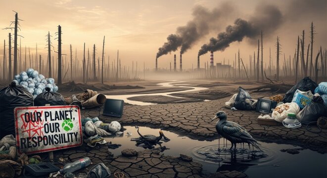 A desolate, polluted landscape with a sign reading 'Our Planet, Our Responsibility'