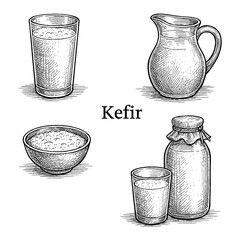 Vintage Kefir Sketch Set with Bottle, Glass, Bowl, and Kefir Grains Transparent Background