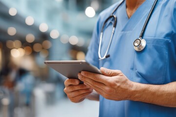 Medical Professional in Scrubs with Tablet and Stethoscope Close-up