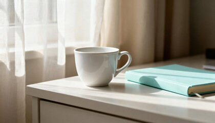 A white coffee cup and a blue journal on a desk in the morning sunlight. Quiet still life scene by a window. Morning routine and slow living concept