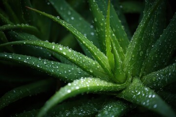 Fototapeta premium Green Succulent Aloe Leaf with Sparkling Water Drops Macro