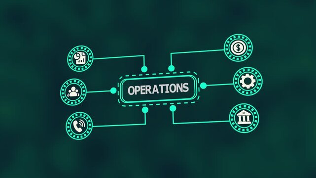 Business operations process optimization concept with connected workflow system icons for productivity improvement, strategic planning, and efficient organizational management.