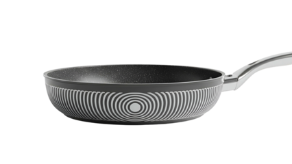 A non-stick frying pan, featuring an eye-catching striped exterior, held on a dark background