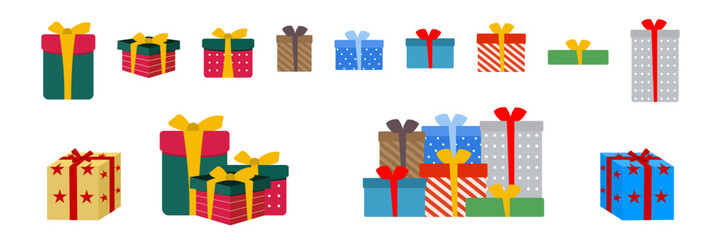 Christmas gift set in various colors. Flat Christmas cartoon characters.