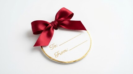 Red Bow on Gift Tag - A red satin bow adorns a gift tag, symbolizing love, appreciation, generosity, thoughtfulness and celebration on a white background