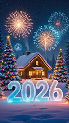 Snowy Cabin with Festive Lit Trees, Fireworks and Illuminated 2026 Numerals &mdash; Winter Night New Year Celebration