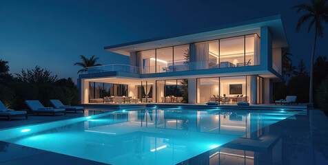 Fototapeta premium Modern luxury villa at twilight with illuminated swimming pool and lounge chairs. Contemporary architecture features large glass windows and balconies. Tropical palm trees surround the estate.