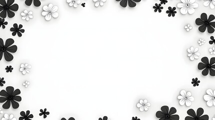 Stylized black and white blossoms create a decorative border around a central copy space