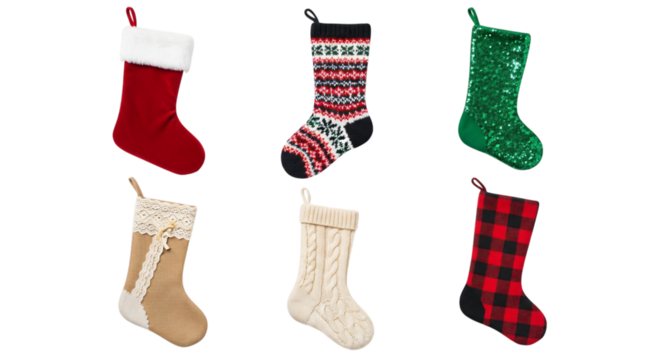 Six colorful christmas stockings in various festive styles, including knit, sequin, burlap, and plaid, isolated on transparent background