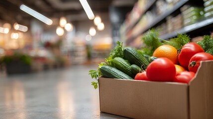 Fresh produce box displayed in a bright supermarket aisle with colorful items