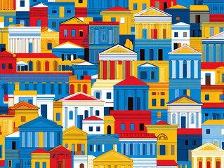 A dense, colorful, and highly stylized pattern of buildings, featuring white, blue, red, and yellow neoclassical and Mediterranean-style structures in a vibrant, flat, geometric illustration.