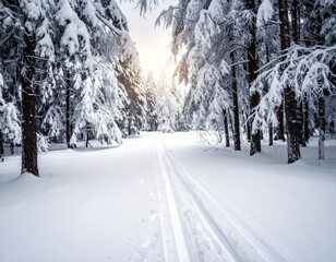 Snowy Winter Forest Path Sunlight Through Trees
