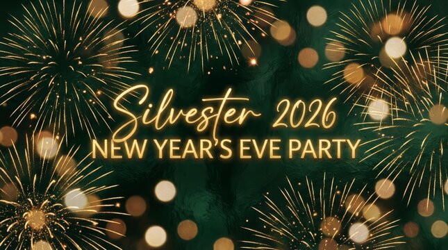 Silvester New Years Eve Celebration 2026 - A dazzling New Year's Eve party invite featuring fireworks and bokeh lights against a dark green background symbolizing celebration, anticipation,