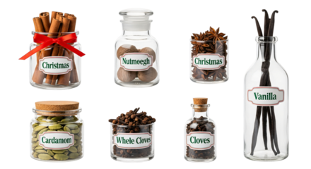 A collection of spices in glass jars, including cinnamon, nutmeg, star anise, vanilla, cardamom, and clove, isolated on transparent background
