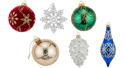 A collection of various colorful christmas ornaments including red, green, gold, silver, and blue baubles, a snowflake, and a pinecone, isolated on transparent background