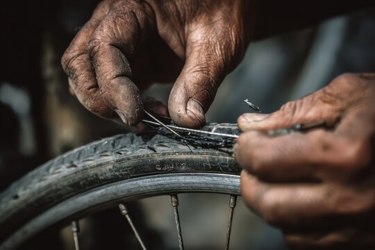 Hands Skillfully Removing Bicycle Inner Tube for Detailed Repair - Powered by Adobe
