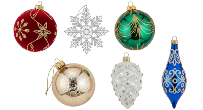 A collection of various colorful christmas ornaments including red, green, gold, silver, and blue baubles, a snowflake, and a pinecone, isolated on transparent background